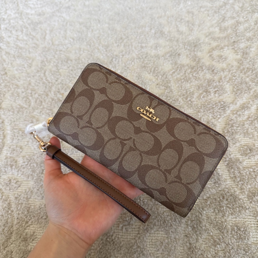 Coach Brown Wristlet Wallet In Signature Canvas / Brand New